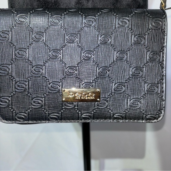 Bebe Black Los Angeles Snap Logo Embossed Crossbody Faux Leather and Chain Bag - Picture 2 of 14